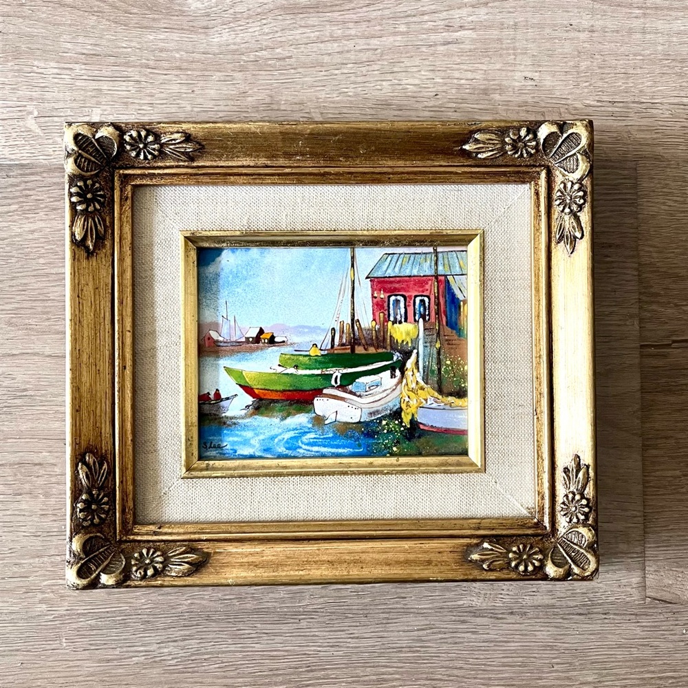 Vtg Lee Oil Painting On Metal Board, Seaside Village Boat, Embossed Frame
